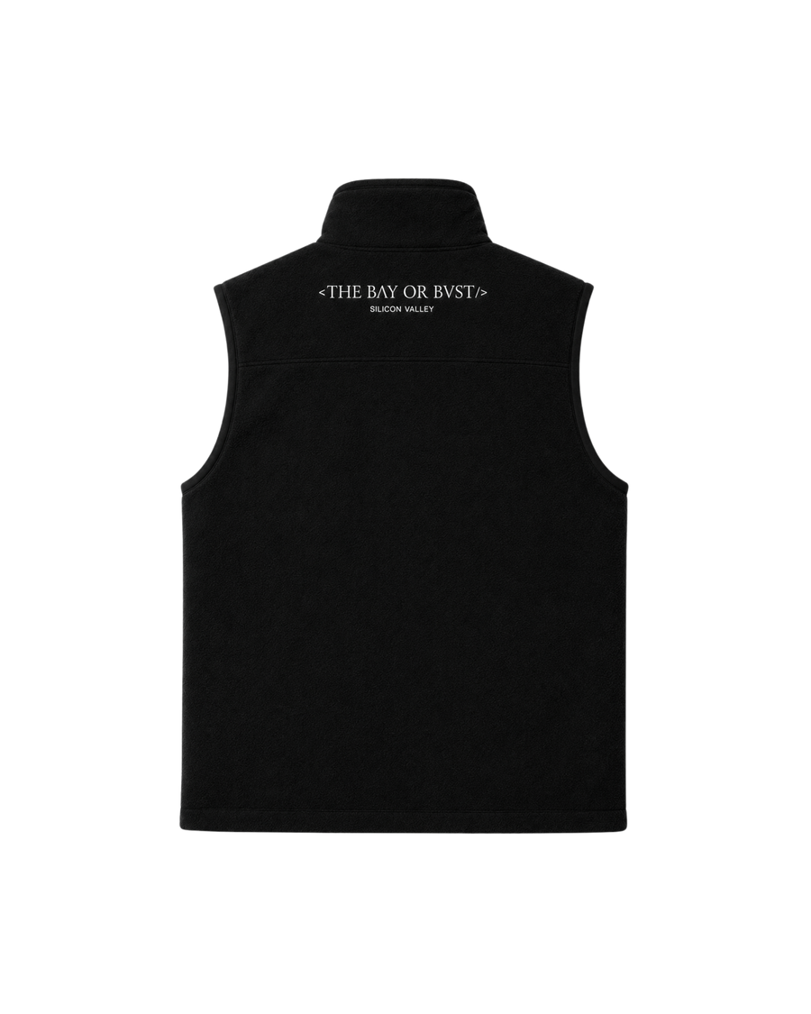 Back view of a black Bay or Bust Motto technical vest featuring BΛY OR BVST branding from the Motto Collection