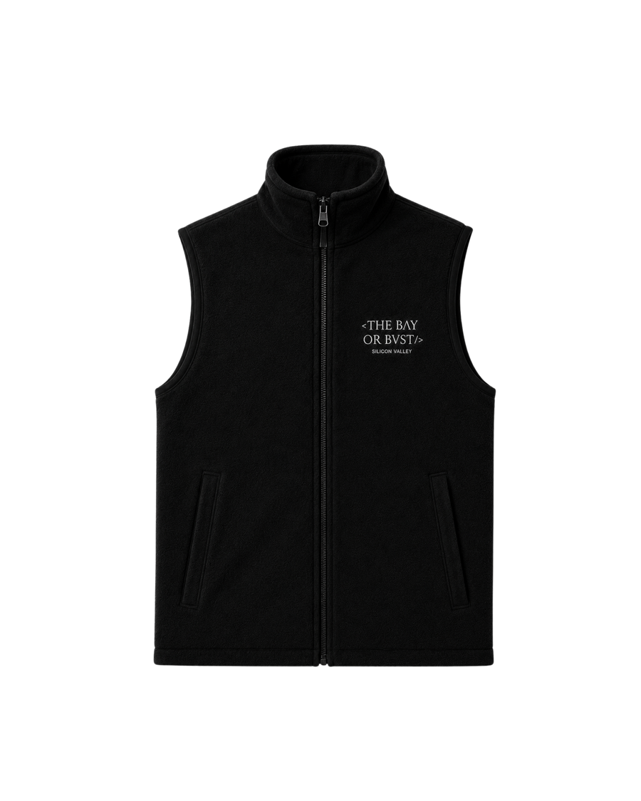 Front view of a black Bay or Bust Motto technical vest with BΛY OR BVST logo from the Motto Collection